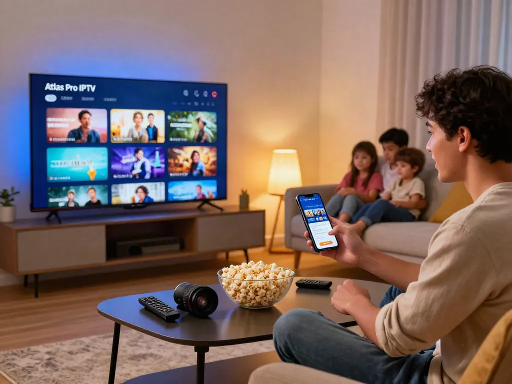 Utilisation de l'application atlas pro iptv sur une smart TV dans un salon moderne, ambiance chaleureuse et conviviale.