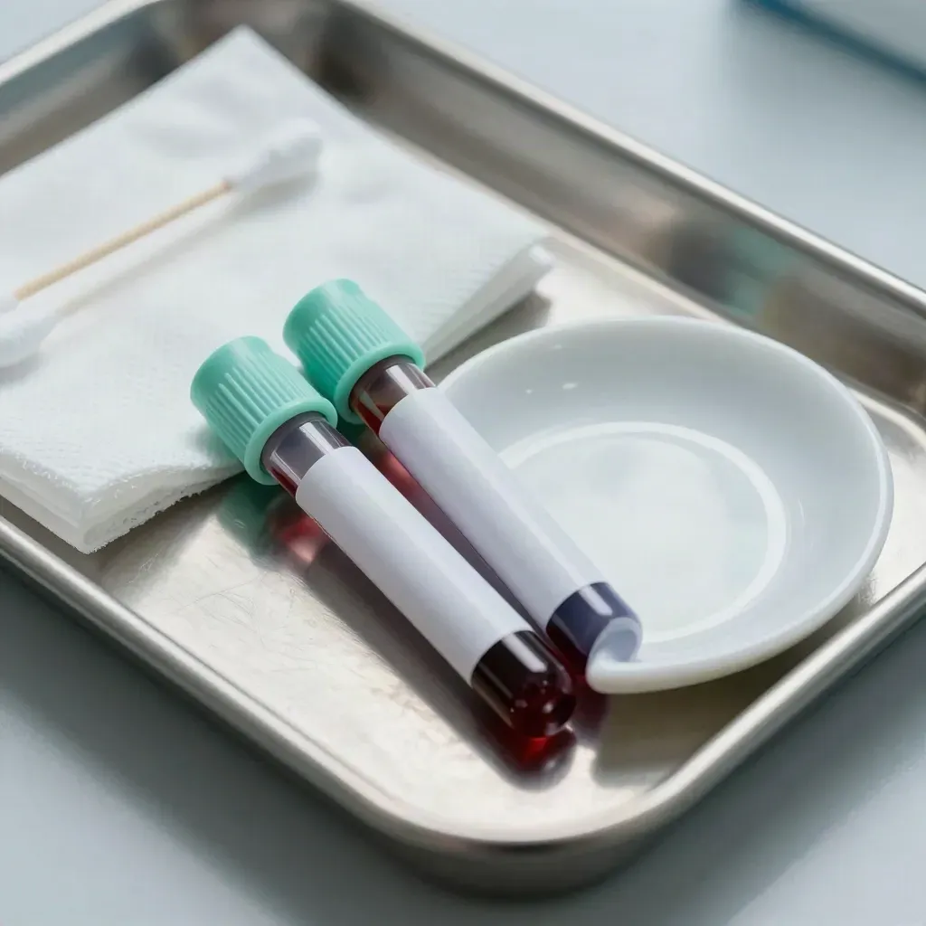 Plateau de laboratoire avec tubes de sang scellés, gaze et coupelle en porcelaine.