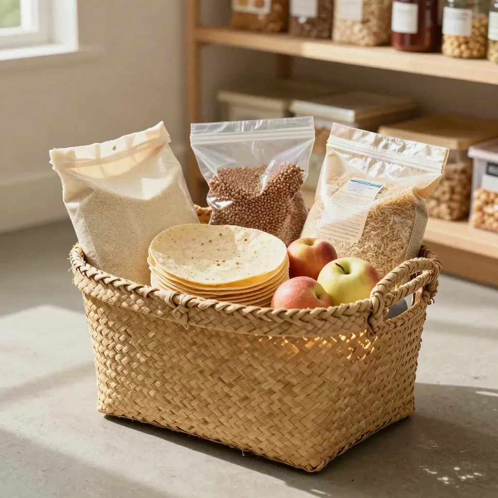 Panier de courses sans gluten avec farines, tortillas, pâtes et pommes près du garde-manger.