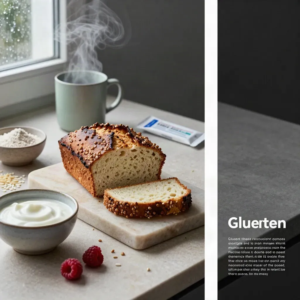 Pain sans gluten, yaourt, framboises et kit diagnostique sur pierre, lumière cinématographique.
