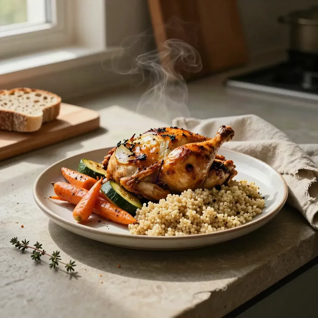 Plat de poulet aux herbes, quinoa et légumes rôtis avec pain sans gluten sur pierre claire.