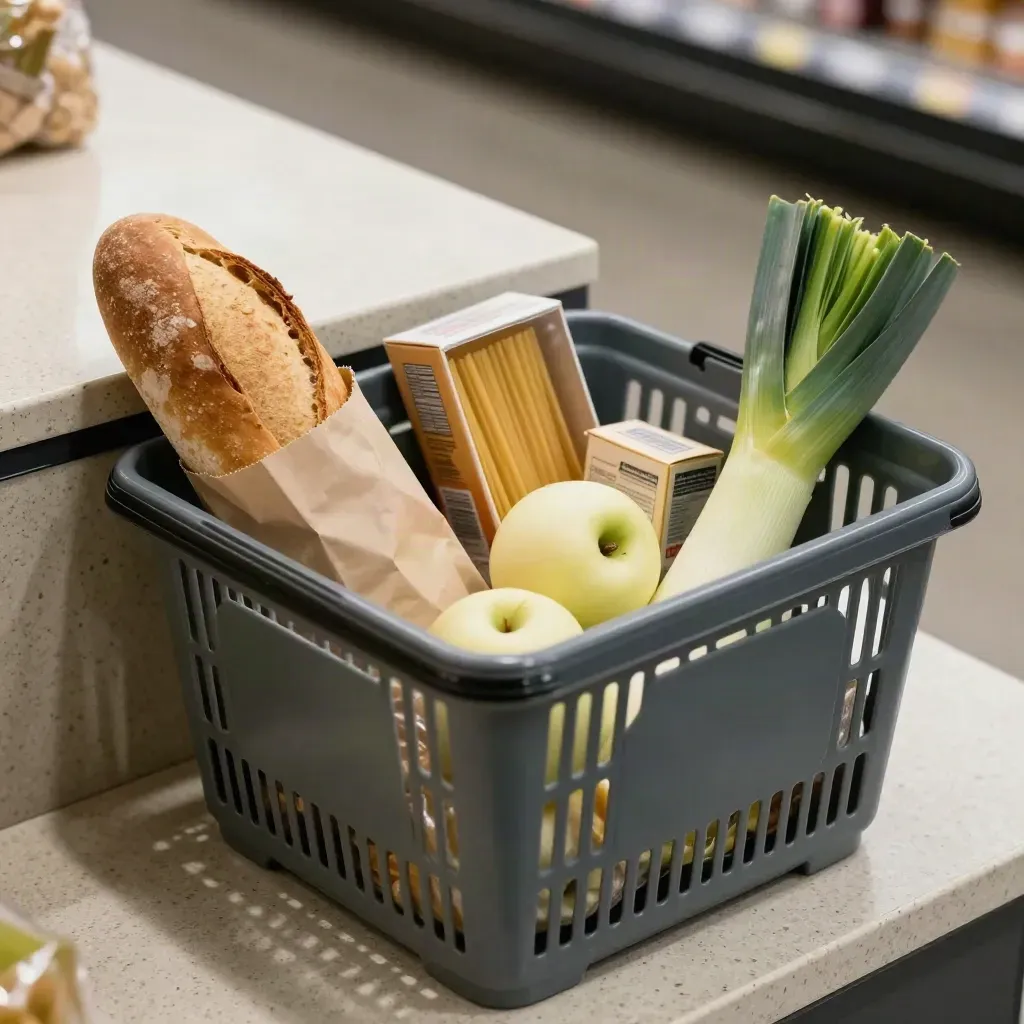 Panier de courses vu de côté, avec produits emballés et pâtes, sur fond de comptoir clair.