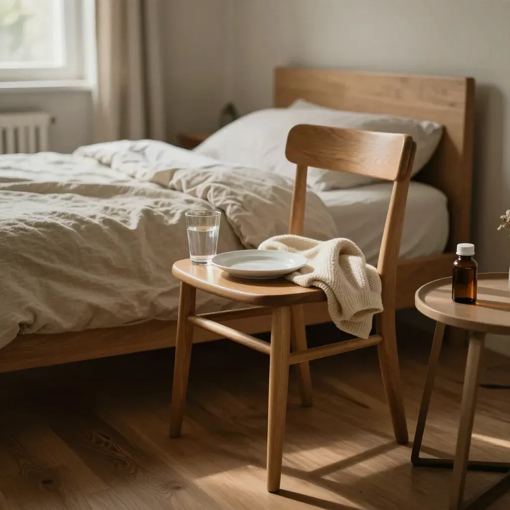 Chaise de chambre avec petit-déjeuner intact, verre d’eau, pull plié et flacon de compléments.