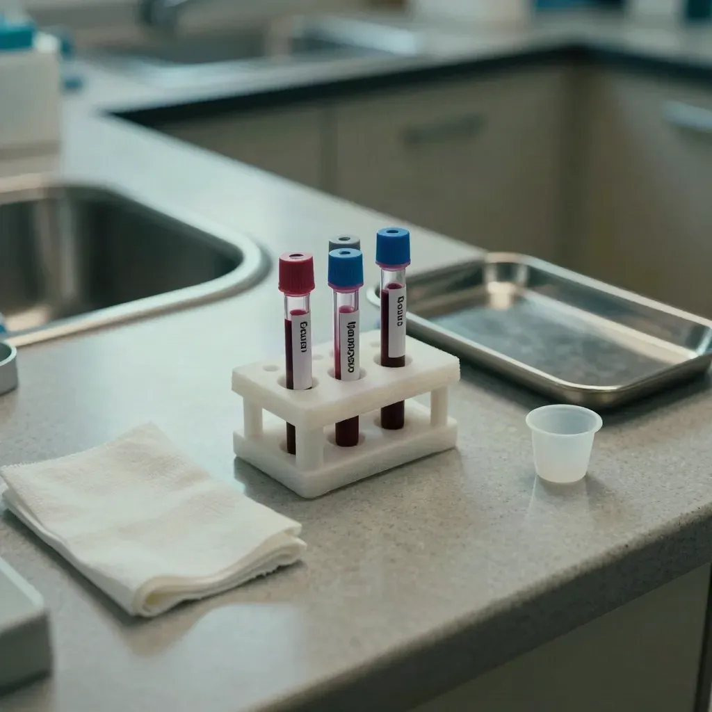 Vue en plongée d’un comptoir médical avec tubes d’analyses, gaze pliée et plateau stérile.