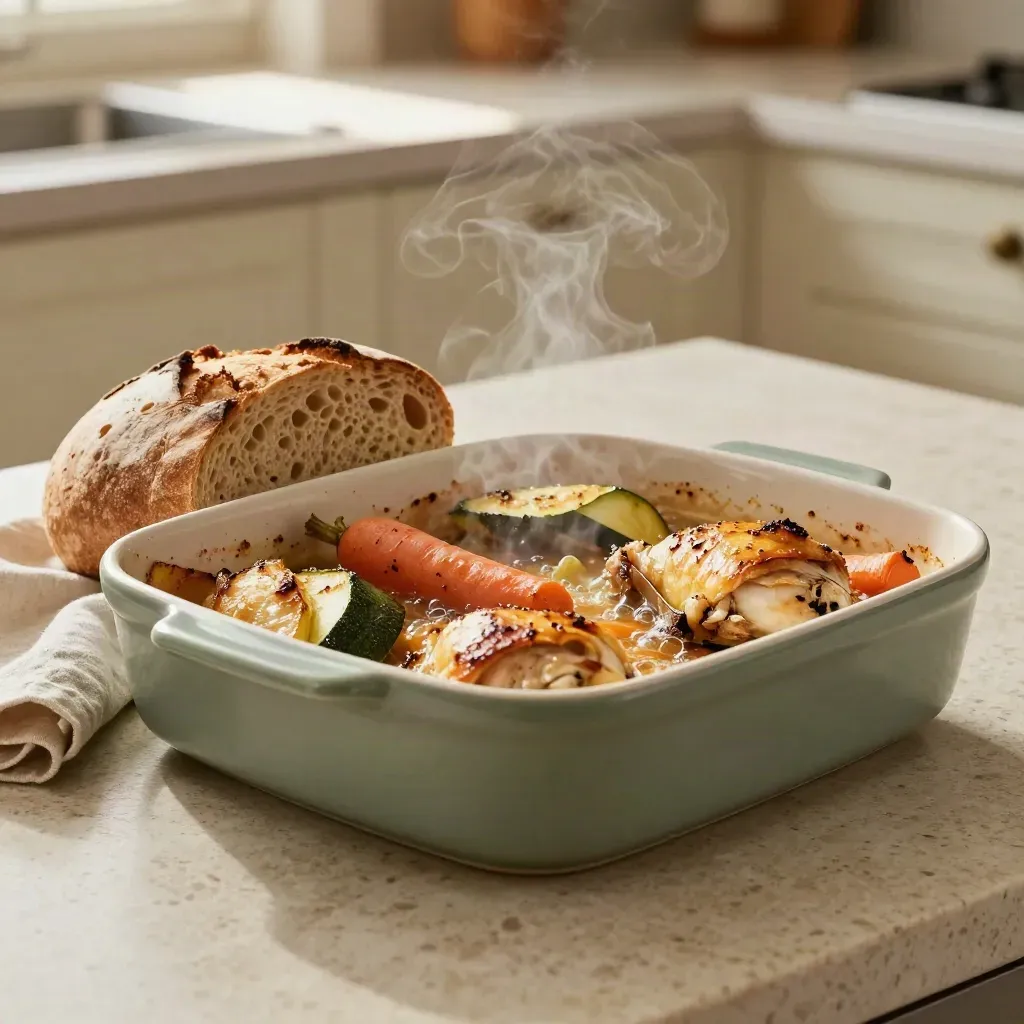 Cocotte fumante de légumes rôtis et poulet, avec pain sans gluten sur un plan de travail clair.