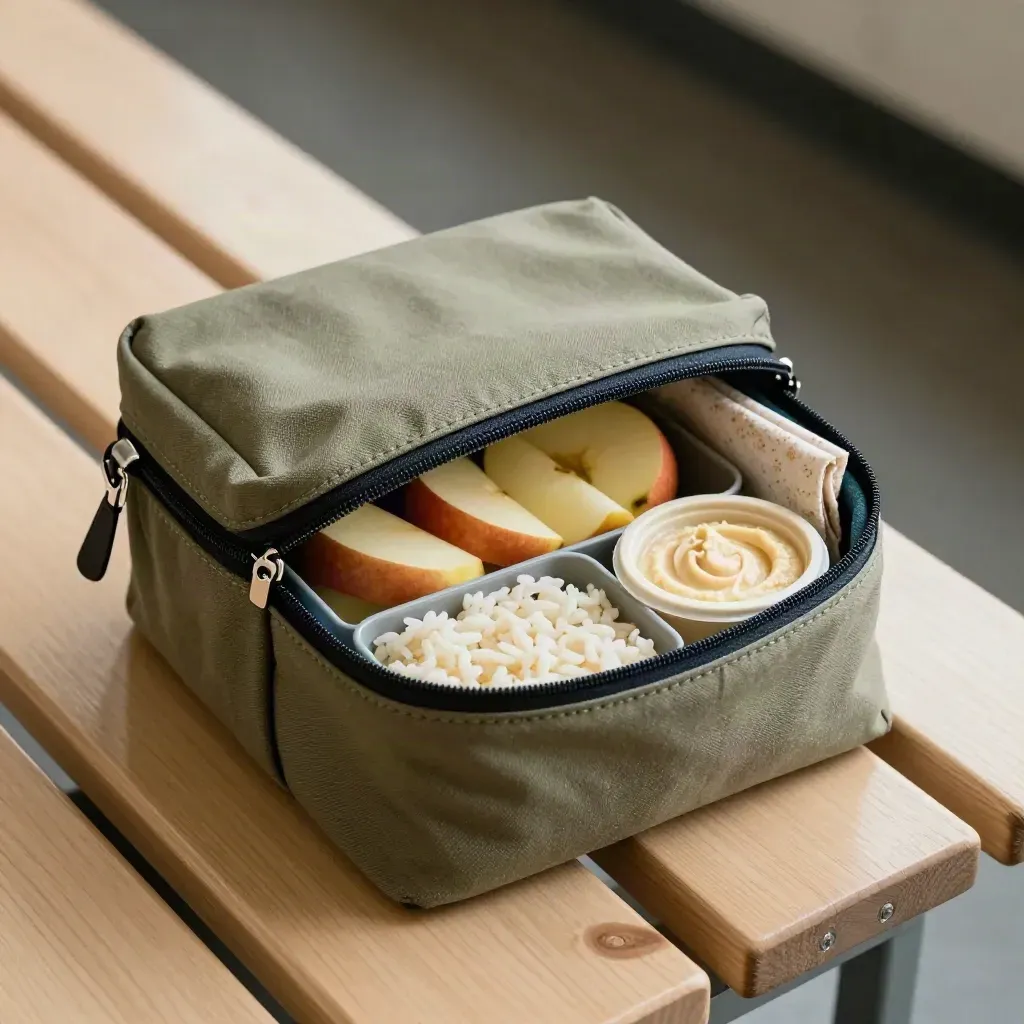 Sac repas ouvert avec bento, pommes, houmous et serviette sur un banc d’école