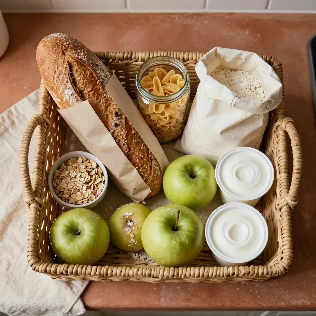 Panier de courses vu du dessus avec pain, pâtes, farine, céréales, pommes et yaourts.
