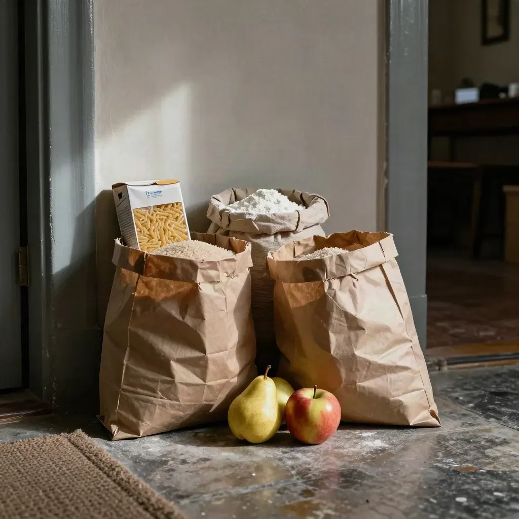 Sacs de courses en papier avec farine, pâtes, riz et fruits près d’une porte sur un sol en pierre.