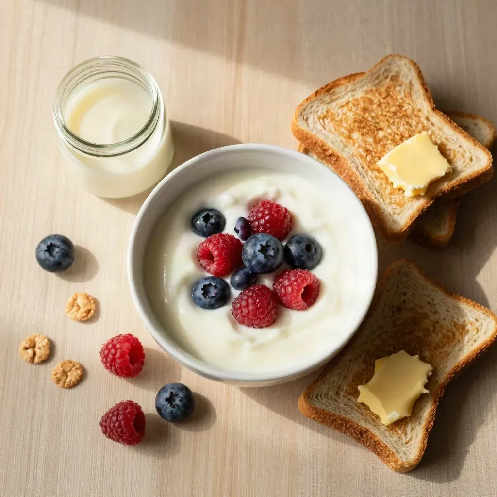 Petit-déjeuner sans gluten vu du dessus sur table en bois clair avec yaourt, fruits et toasts.