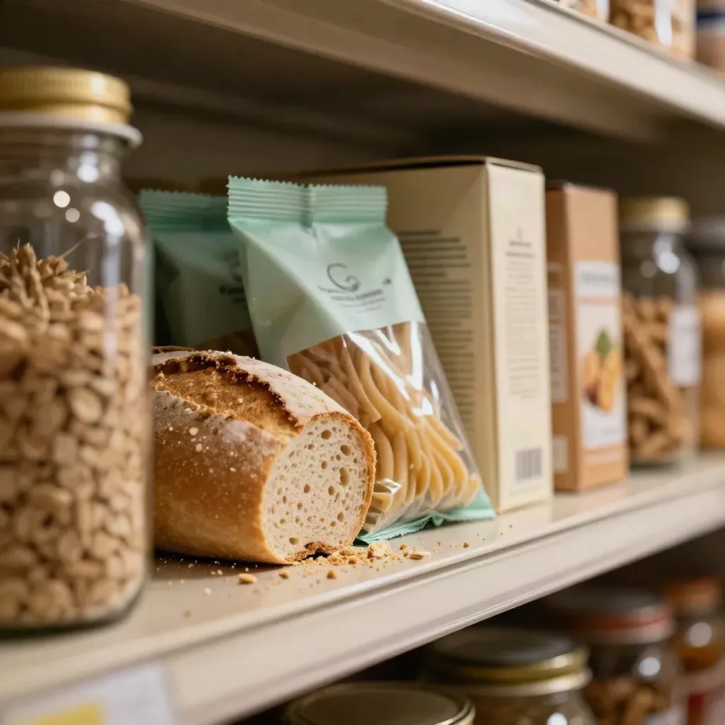 Gros plan latéral d’une étagère de garde-manger avec paquets, pâtes, mie de pain et miettes.