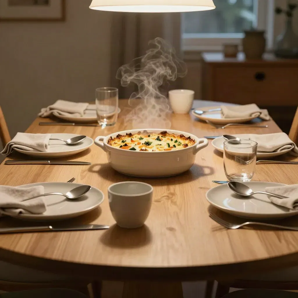 Table familiale dressée avec casserole, quatre couverts et gobelet enfant en attente du dîner.