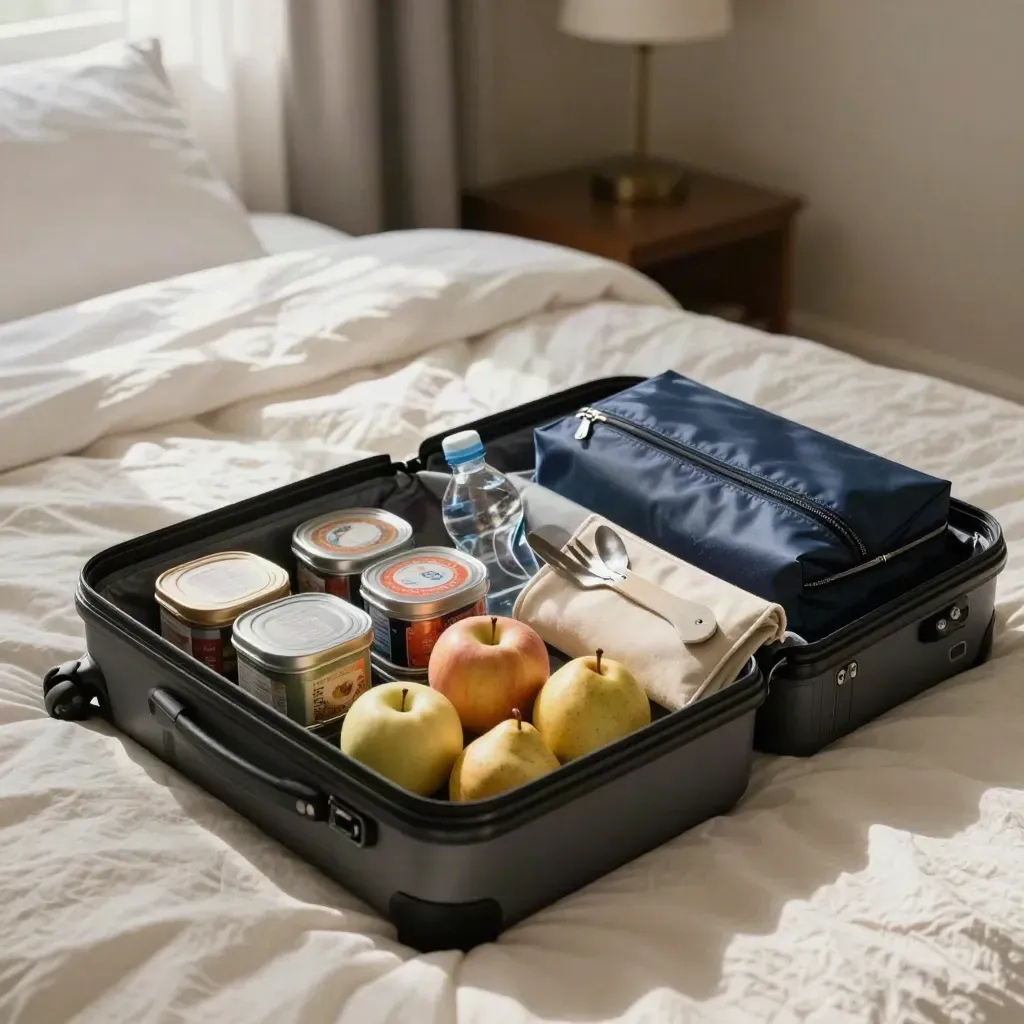 Valise cabine ouverte sur un lit d’hôtel, avec en-cas, fruits et bouteille d’eau.