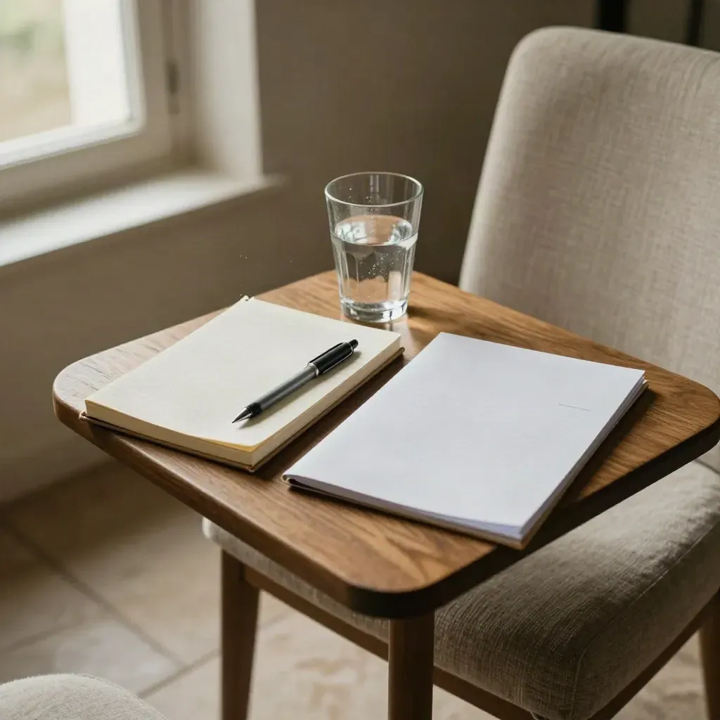 Carnet, dossier et verre d’eau sur une petite table, lumière douce du matin.