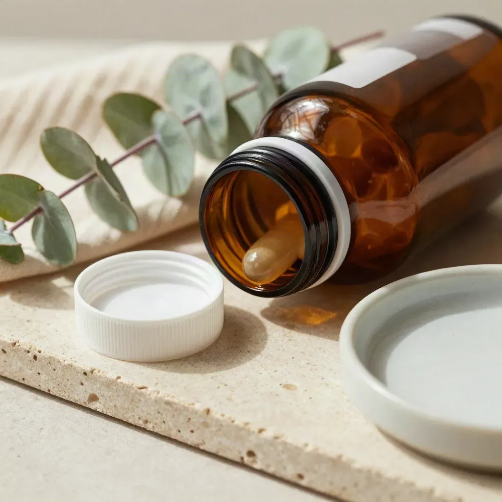 Flacon ambré avec bouchon blanc, eucalyptus et linge plié sur pierre claire.