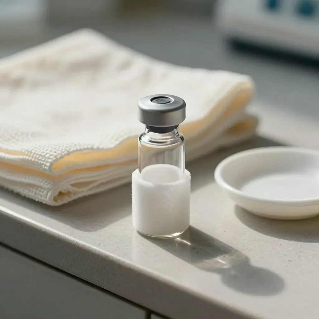 Flacon d’analyse dans une mousse blanche, avec gaze pliée et coupelle en céramique.