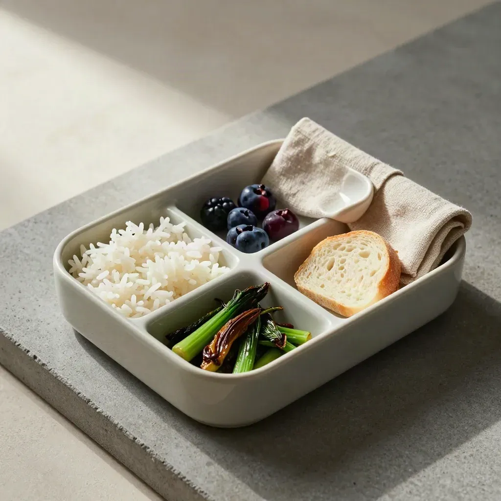 Lunchbox en céramique ouvert avec riz, légumes, baies et pain sur fond gris doux.