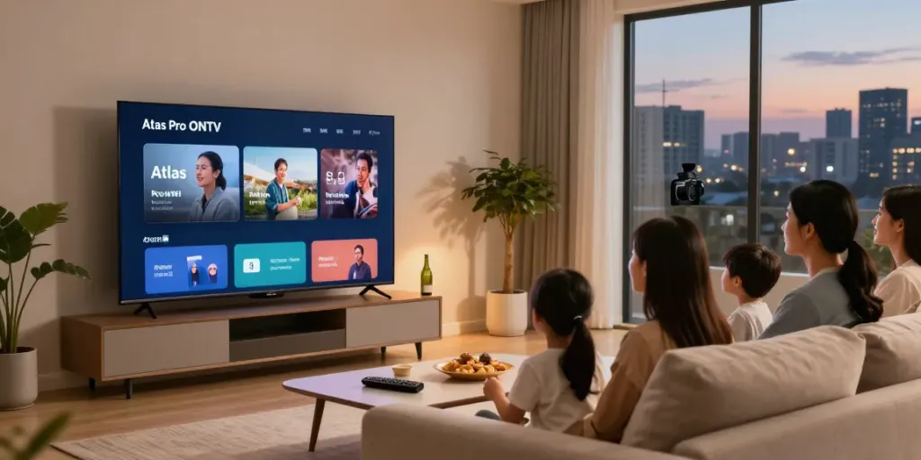 Profitez de l'expérience Atlas Pro ONTV dans un salon contemporain chaleureux et accueillant.